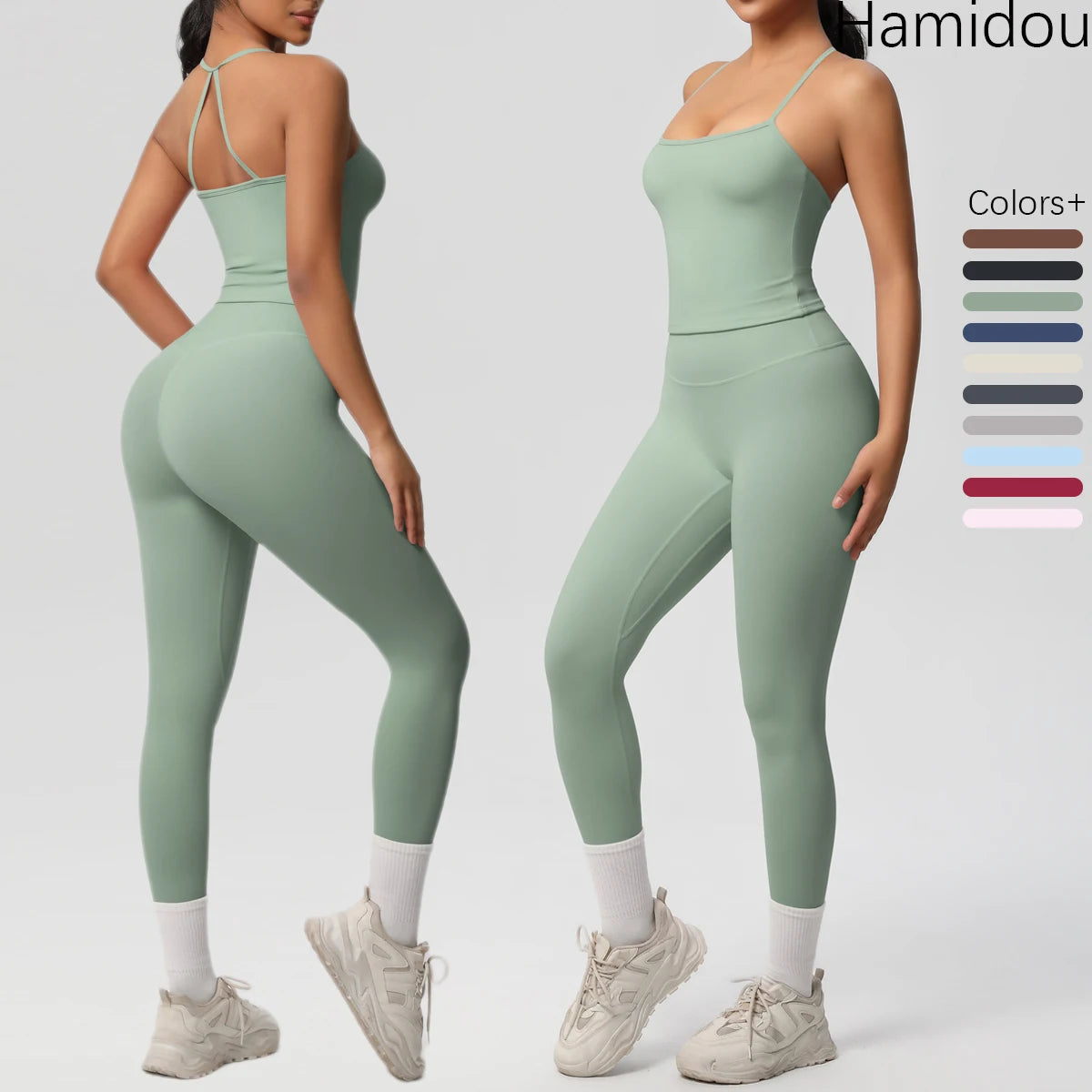 Damen Yoga-Set aus Trägershirt und Leggings, mintgrün, mit Spaghettiträgern