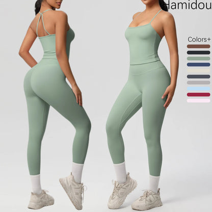 Damen Yoga-Set aus Trägershirt und Leggings, mintgrün, mit Spaghettiträgern