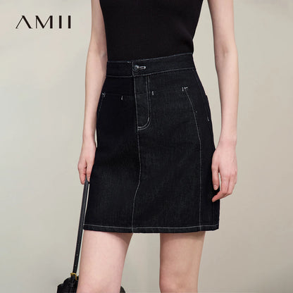 Dunkler Jeansrock A-Linie mit Ziernähten, Knopfverschluss am Bund und vorderen Taschen