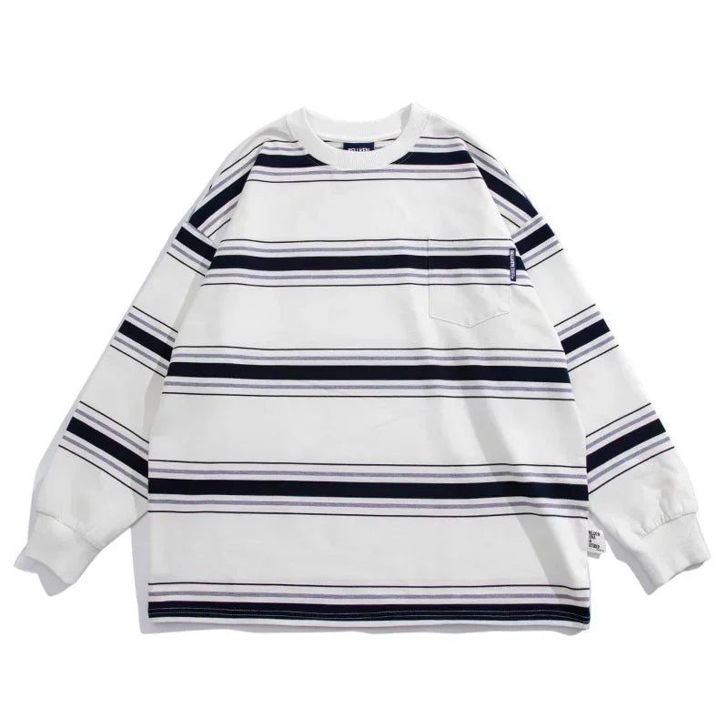 Herbst japanische Vintage gestreifte Crewneck Sweatshirts für Männer y2k Streetwear Langarm T-Shirts Frauen lässig Tasche Strick oberteile