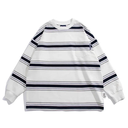 Herbst japanische Vintage gestreifte Crewneck Sweatshirts für Männer y2k Streetwear Langarm T-Shirts Frauen lässig Tasche Strick oberteile