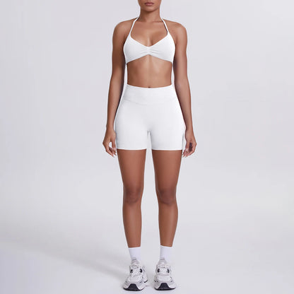 Nahtloses Yogaset für Damen: weißes Top mit High-Waist-Shorts