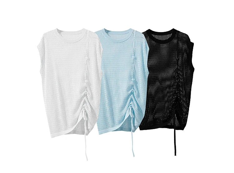 Einfarbige kurzärmlige Strickpullover, weiß, hellblau und schwarz, mit Kordelzug