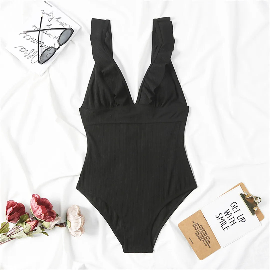 Damen Badeanzug Rüschen V-Ausschnitt rückenfrei Schnürung Monokini 6 Farben