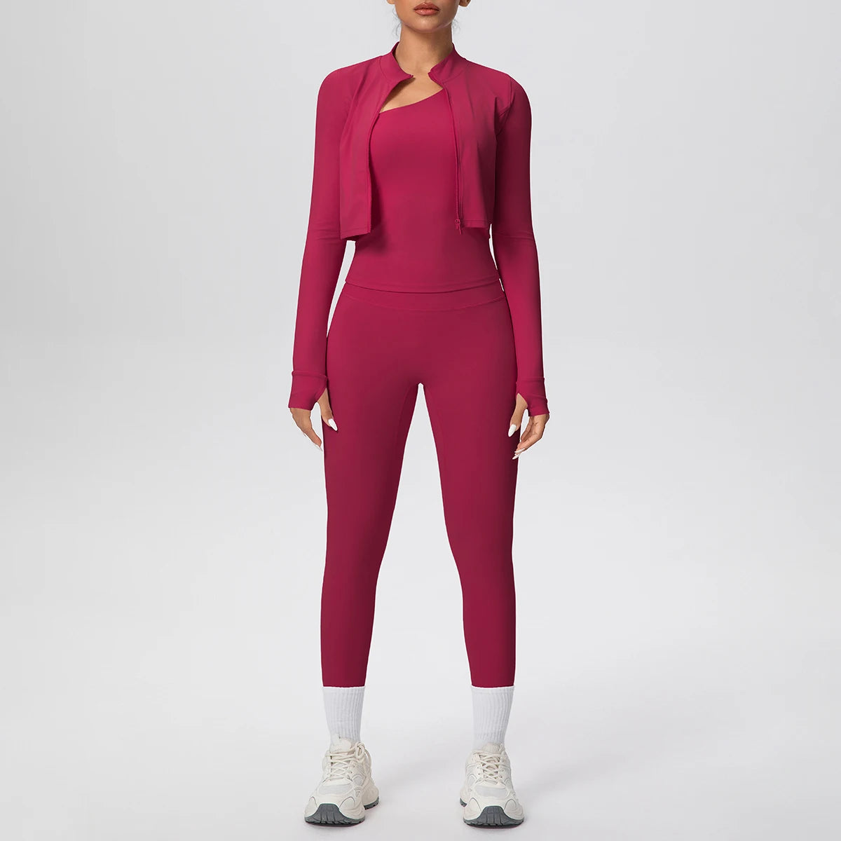 Damen-Yoga-Set bordeauxrot: Frontansicht mit offener Langarmjacke und Leggings