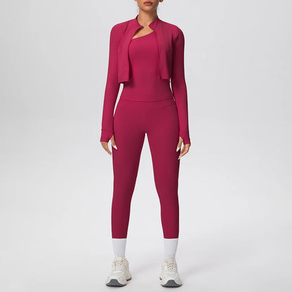 Damen-Yoga-Set bordeauxrot: Frontansicht mit offener Langarmjacke und Leggings
