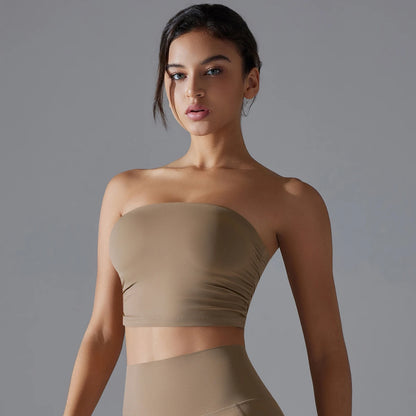 Nahtloser Sport-BH in Cocoa-Braun, trägerloser Bandeau mit breitem Unterbrustbund