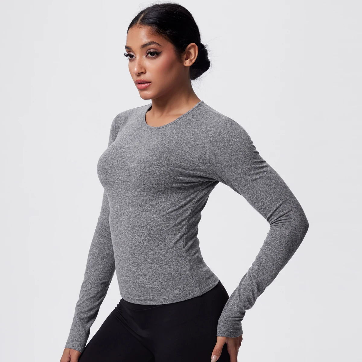 Damen-Langarmshirt für Yoga, grau meliert, Rundhalsausschnitt, tailliert