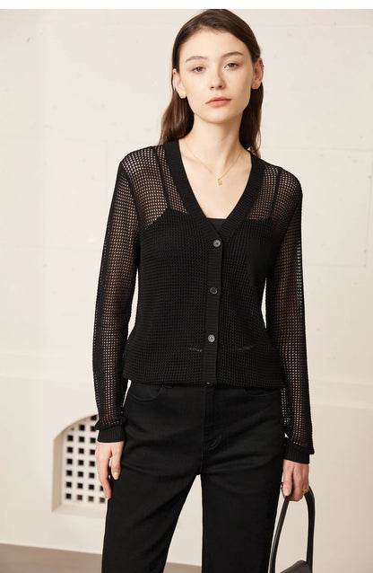 Damen-Strickjacke V-Ausschnitt Viskose locker elegant Frühling