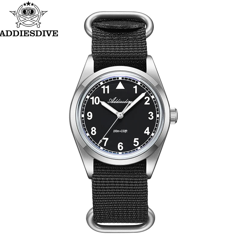 Herren Retro-Quarzuhr 36mm K1 Mineralglas Edelstahl 100m Nachtleuchtzeiger Nylon