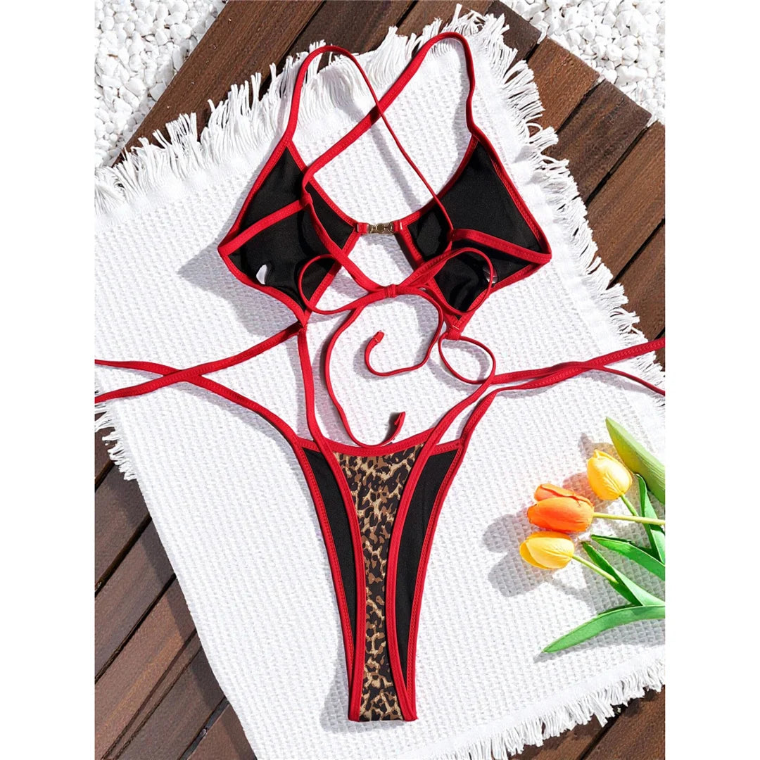 Damen-Badeanzug Leopard Micro-Tanga Weste High-Leg gepolstert