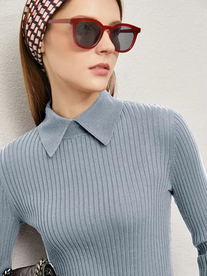 Damen-Strickpullover mit Polo-Kragen, Langarm, graublau, feines Rippenmuster