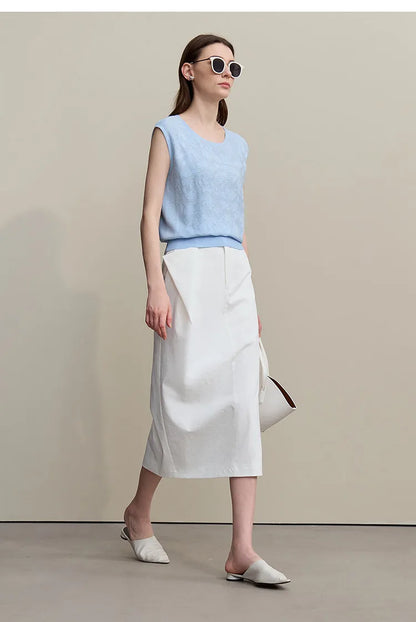 Damen-Rundhalspullover ärmellos Jacquard locker kurz Viskose Sommer