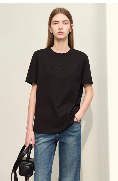 Damen T-Shirts im Minimalismus-Stil mit Kurzarm und Buchstaben-Stickerei