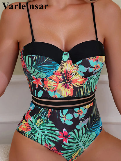 Damen Badeanzug Blätter Print Bügel BH-Cup Monokini Einteiler