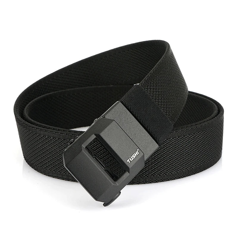 Unisex-Gürtel aus elastischem Nylon mit mattschwarzer Schnalle in 38 mm Breite und Tragekomfort