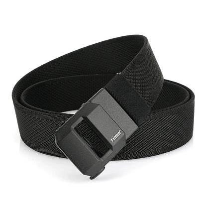 Unisex-Gürtel aus elastischem Nylon mit mattschwarzer Schnalle in 38 mm Breite und Tragekomfort