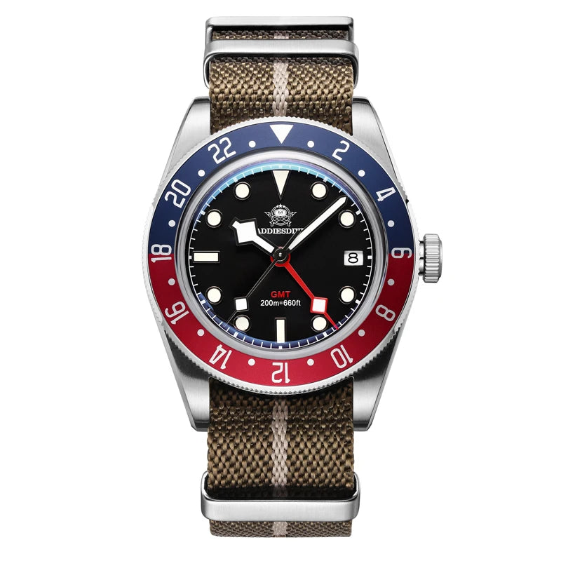 Herren-GMT-Quarzuhr mit Ronda-Werk und Bubble-Glas