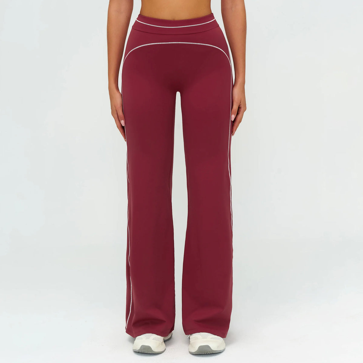 Damen Yoga-Hose mit hoher Taille, weitem Bein, weinrot mit hellen Kontrastnähten