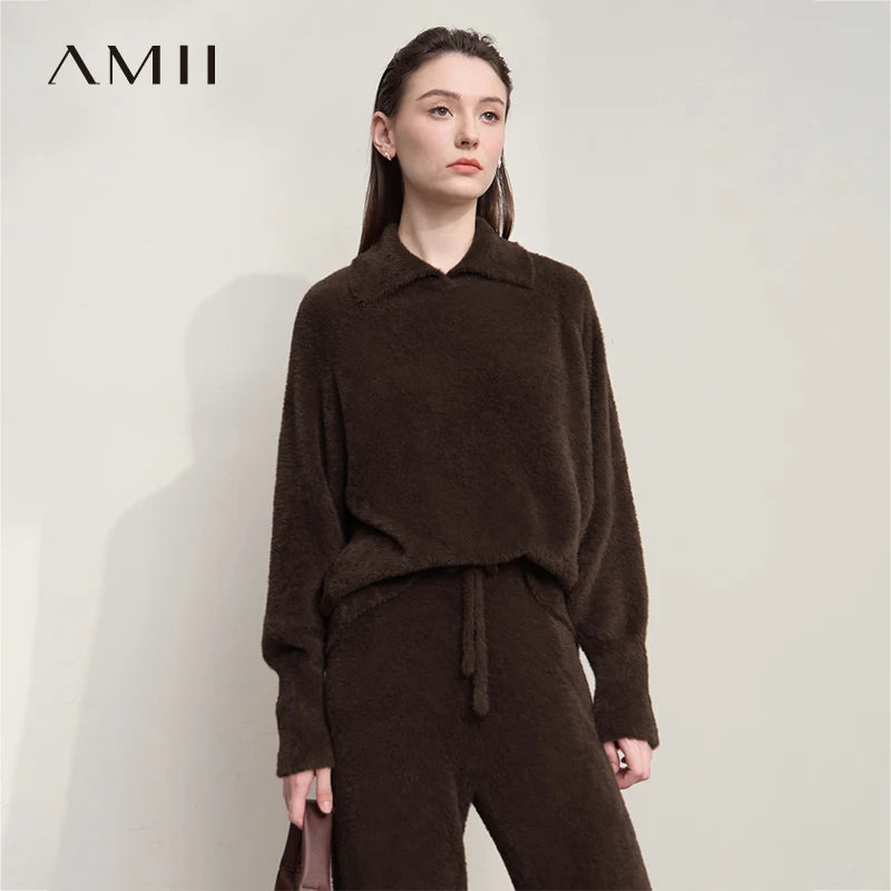 Brauner Pullover mit Stehkragen, lockerem Schnitt und Langarm für Damen