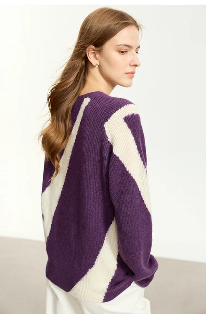 Damen-Rundhalspullover Wolle Yak asymmetrisch Patchwork locker Winter