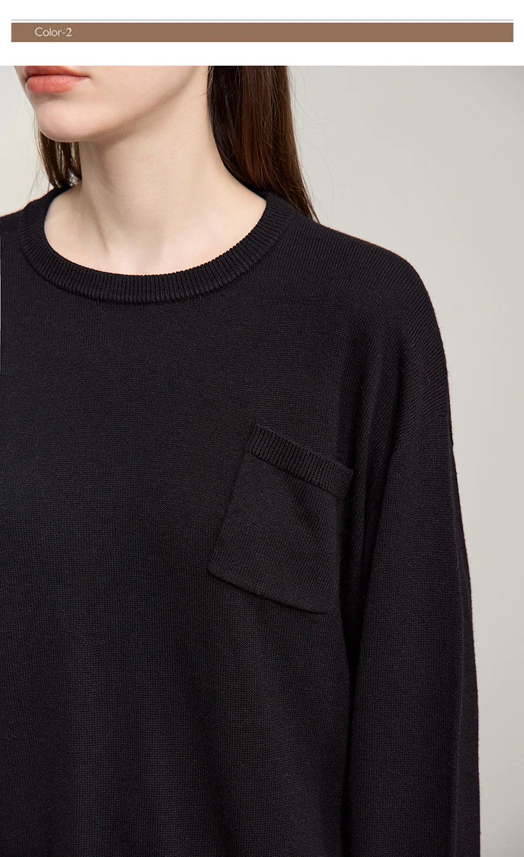 AMI Damen-Pullover schwarzes Strickoberteil mit Rundhalsausschnitt und Brusttasche