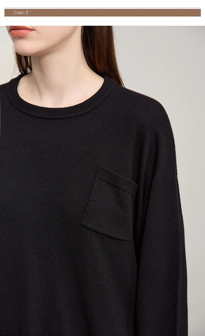 AMI Damen-Pullover schwarzes Strickoberteil mit Rundhalsausschnitt und Brusttasche