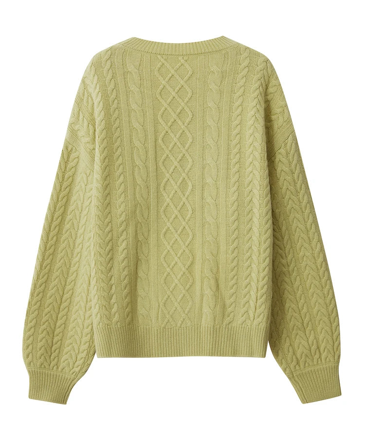 Amii Damenpullover gelber Zopfstrick von hinten, Rundhals und gerippter Saumabschluss