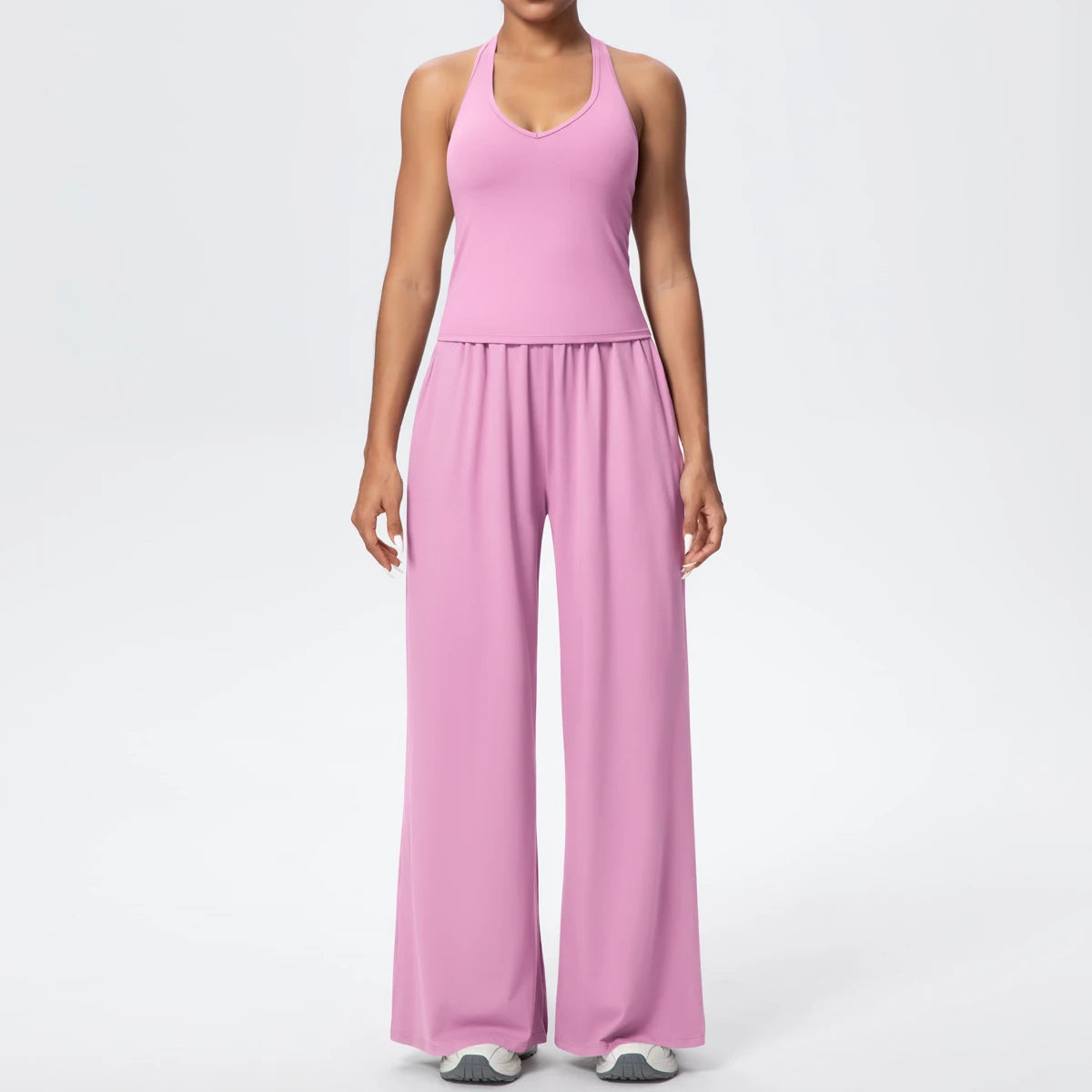 Damen-Yoga-Set: Tanktop und weite Hose, hellrosa, mit gerafftem Bund
