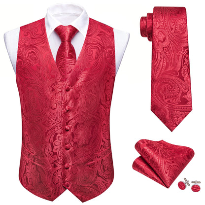 Herrenweste-Set Paisley-Jacquard in Rot, mit Krawatte und Einstecktuch