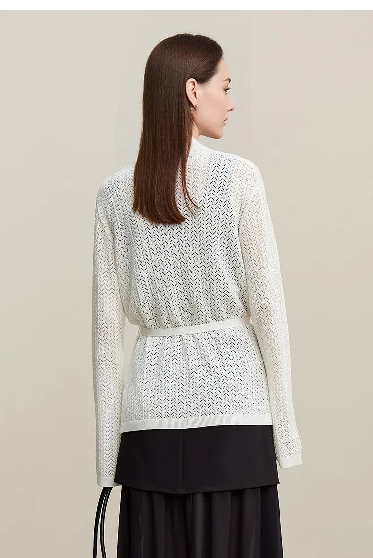 Damen-Strickjacke Lyocell V-Ausschnitt Glockenärmel Gürtel locker Frühling