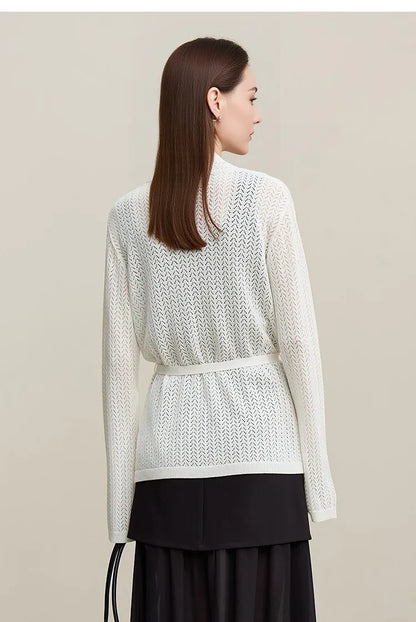 Damen-Strickjacke Lyocell V-Ausschnitt Glockenärmel Gürtel locker Frühling