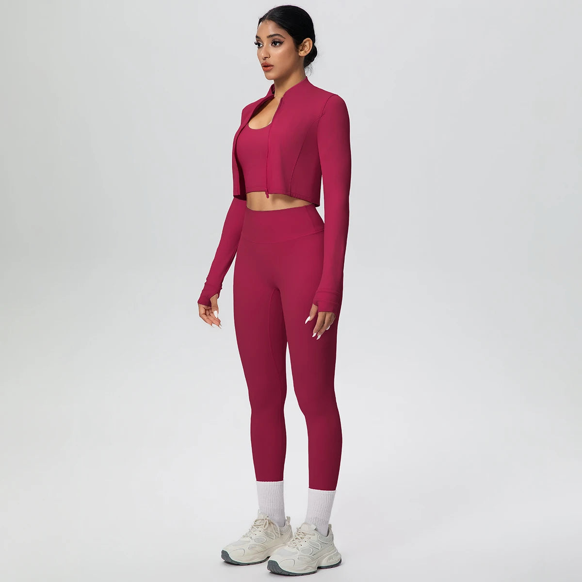 Burgunderfarbenes Yoga-Set: Zip-Jacke mit Langarm und High-Waist-Leggings