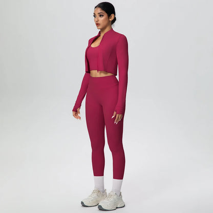Burgunderfarbenes Yoga-Set: Zip-Jacke mit Langarm und High-Waist-Leggings