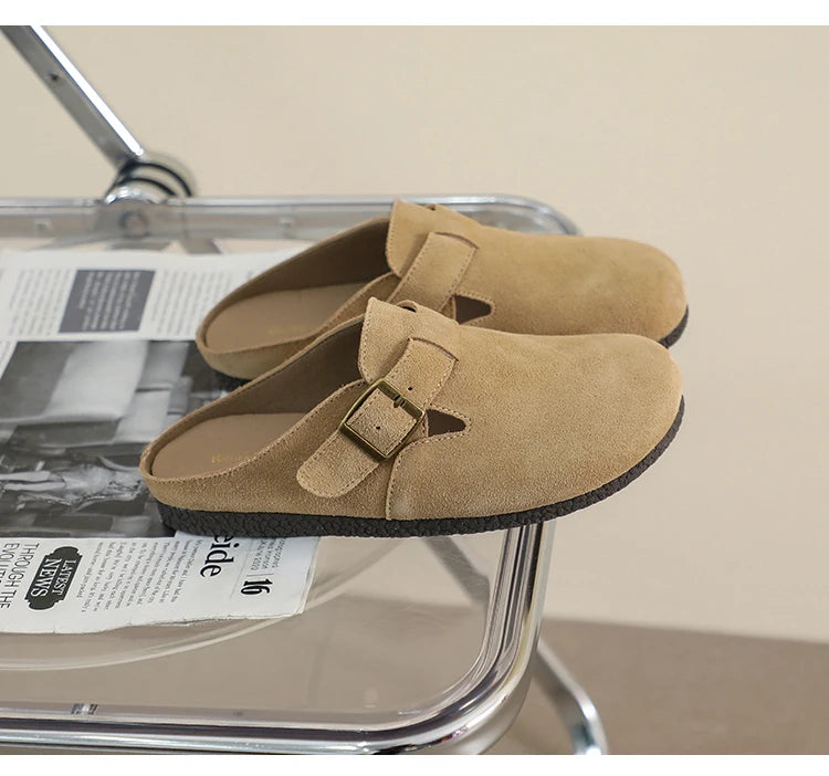 AIYUQI Hausschuhe Frauen Echt Leder 2025, Neue Große Größe 41 42 43 Frauen Sommer Schuhe Retro Oberbekleidung Flache Faule halbe Hausschuhe Frauen