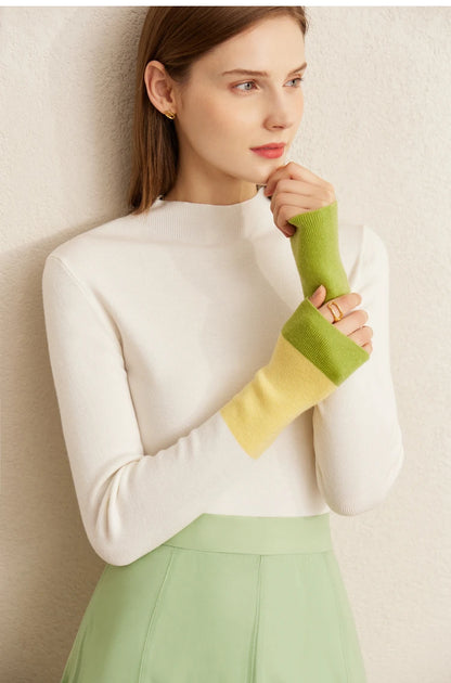 Damen-Rollkragenpullover Wolle Slim Patchwork Büro Winter