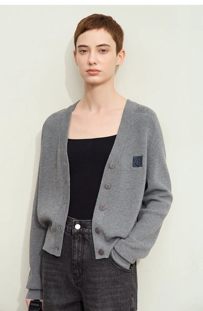 Damen-Strickjacke Wolle V-Ausschnitt Patchwork Stickerei kurz Französisch Herbst