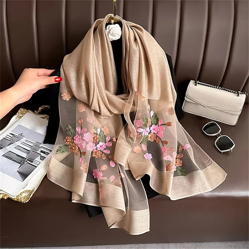 Damen Seiden-Woll Schal Blumenstickerei Hijab Frühling Sommer Pashmina Kopftuch