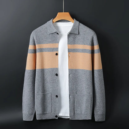 2024 neue Mode Wolle Strickjacke Mantel Top Herren Revers Business Casual Strickpullover Trend Hot Frühling und Herbst gestreift Langarm