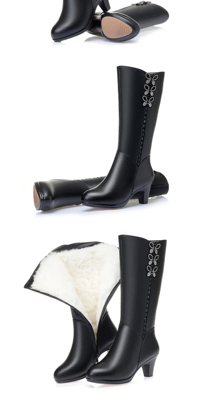 AIYUQI Women High Boots Shiny 2025 New Genuine Leather Wool Warm Women Winter Boots High Heel Fashion Office Boots Women
