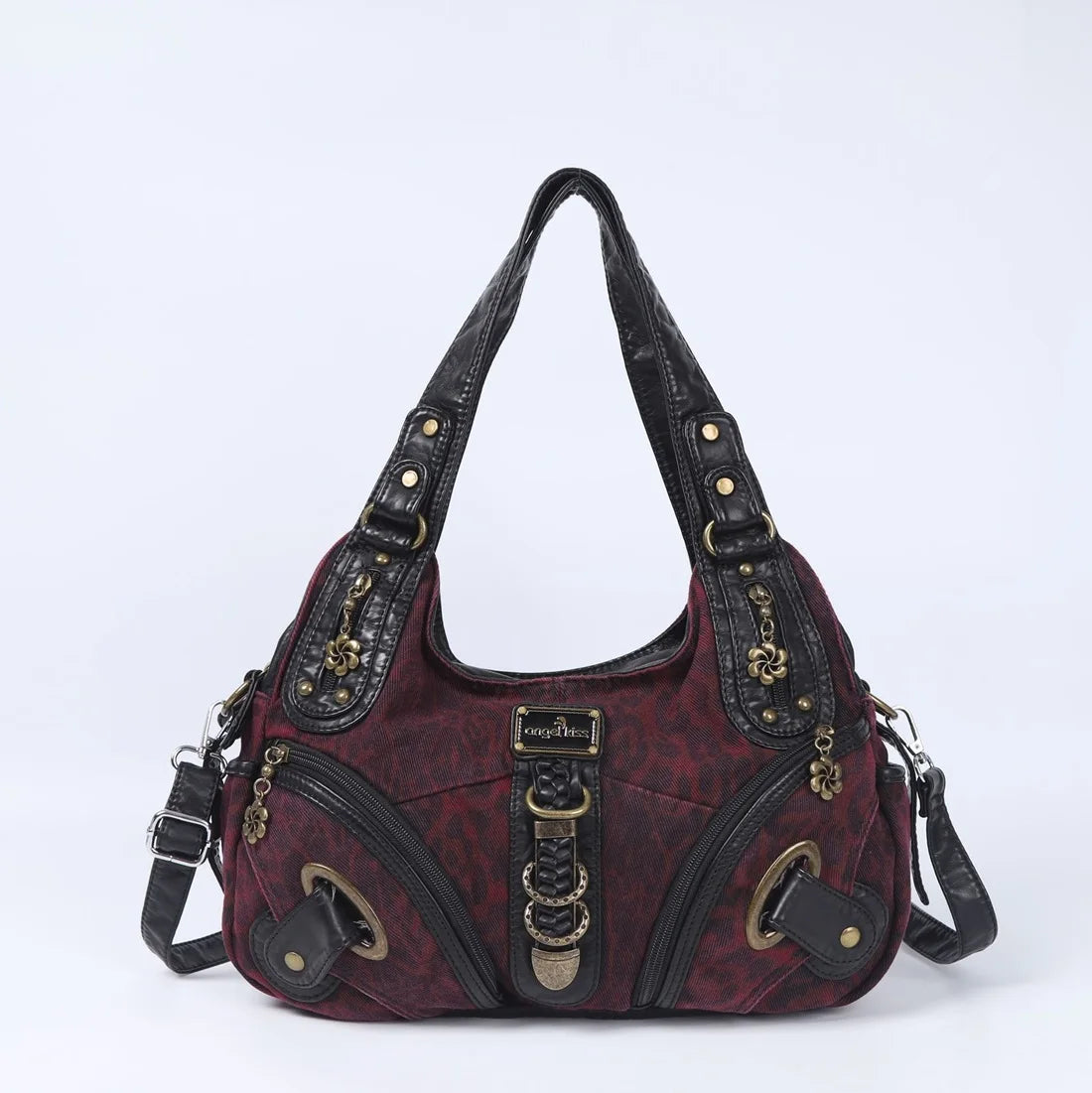 Bordeauxfarbene Damen-Schultertasche mit zwei Griffen, Ziernieten und Fronttasche mit Reißverschluss