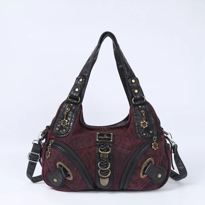 Bordeauxfarbene Damen-Schultertasche mit zwei Griffen, Ziernieten und Fronttasche mit Reißverschluss