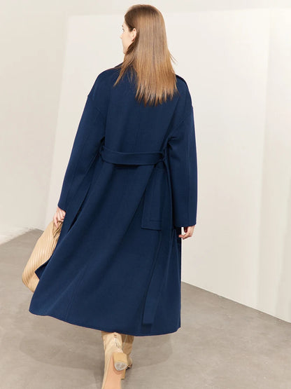 Frauen Mantel aus 100 Prozent Wolle im eleganten Koreanischen Stil mit Gürtel