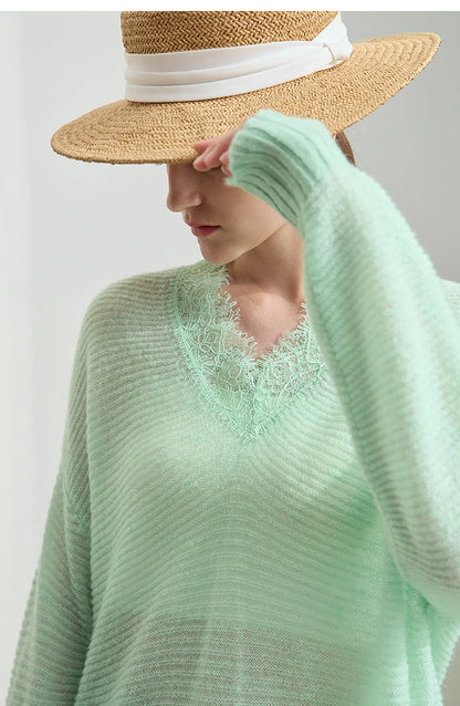 Damen V-Ausschnitt Pullover Mohair Spitze locker mittellang Frühling