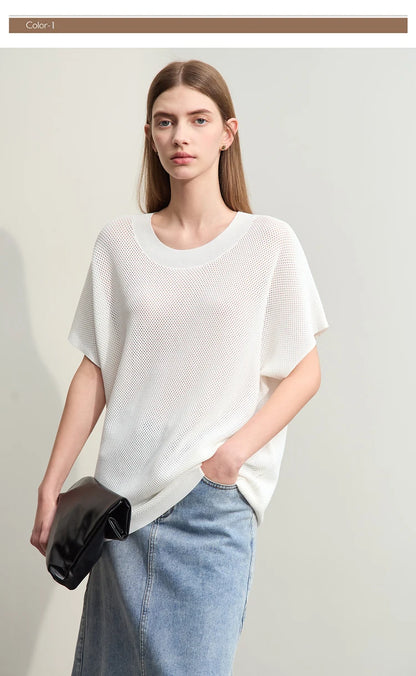 Damen-Rundhalspullover Wolle Aushöhlung locker Streetwear Sommer