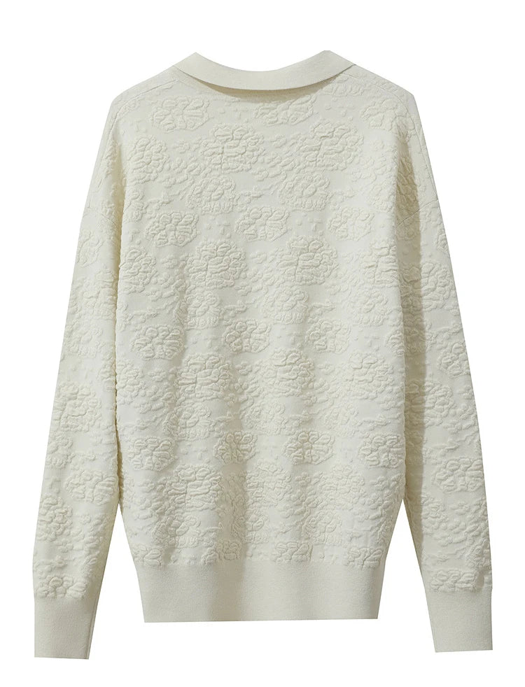 Cremefarbener Pullover mit Rundhalsausschnitt, Langarm, gemusterte Struktur