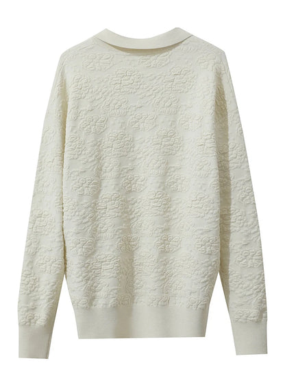 Cremefarbener Pullover mit Rundhalsausschnitt, Langarm, gemusterte Struktur