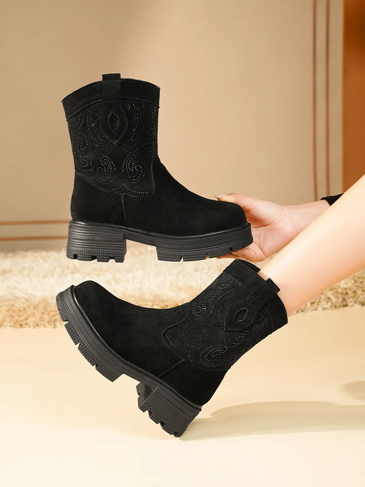 AIYUQI Western Cowboy Boots Women 2025 New Genuine Leather Winter Shoes Boots Women Short Tube Fashion Women's Snow Boots