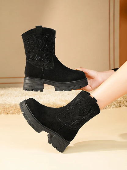 AIYUQI Western Cowboy Boots Women 2025 New Genuine Leather Winter Shoes Boots Women Short Tube Fashion Women's Snow Boots