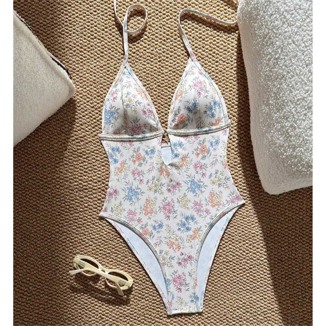 Damen Badeanzug Blumen V-Ausschnitt Neckholder Monokini hoher Beinausschnitt